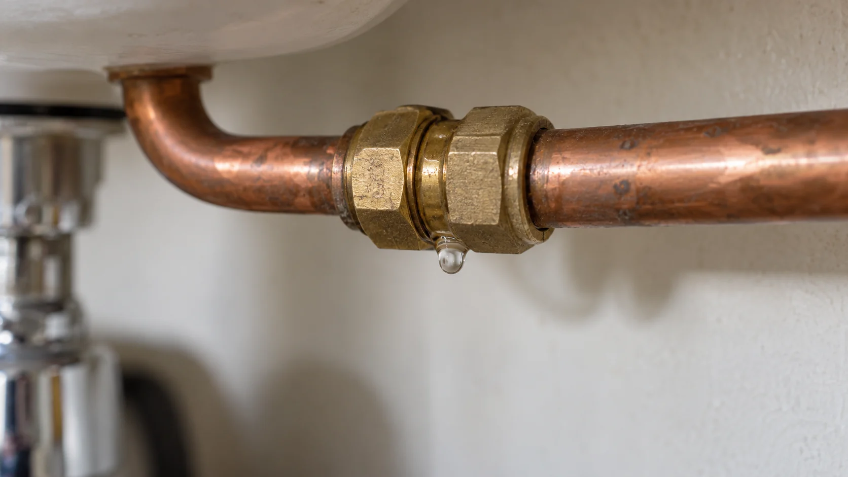 Goutte d’eau sous un raccord en laiton sur une conduite en cuivre.