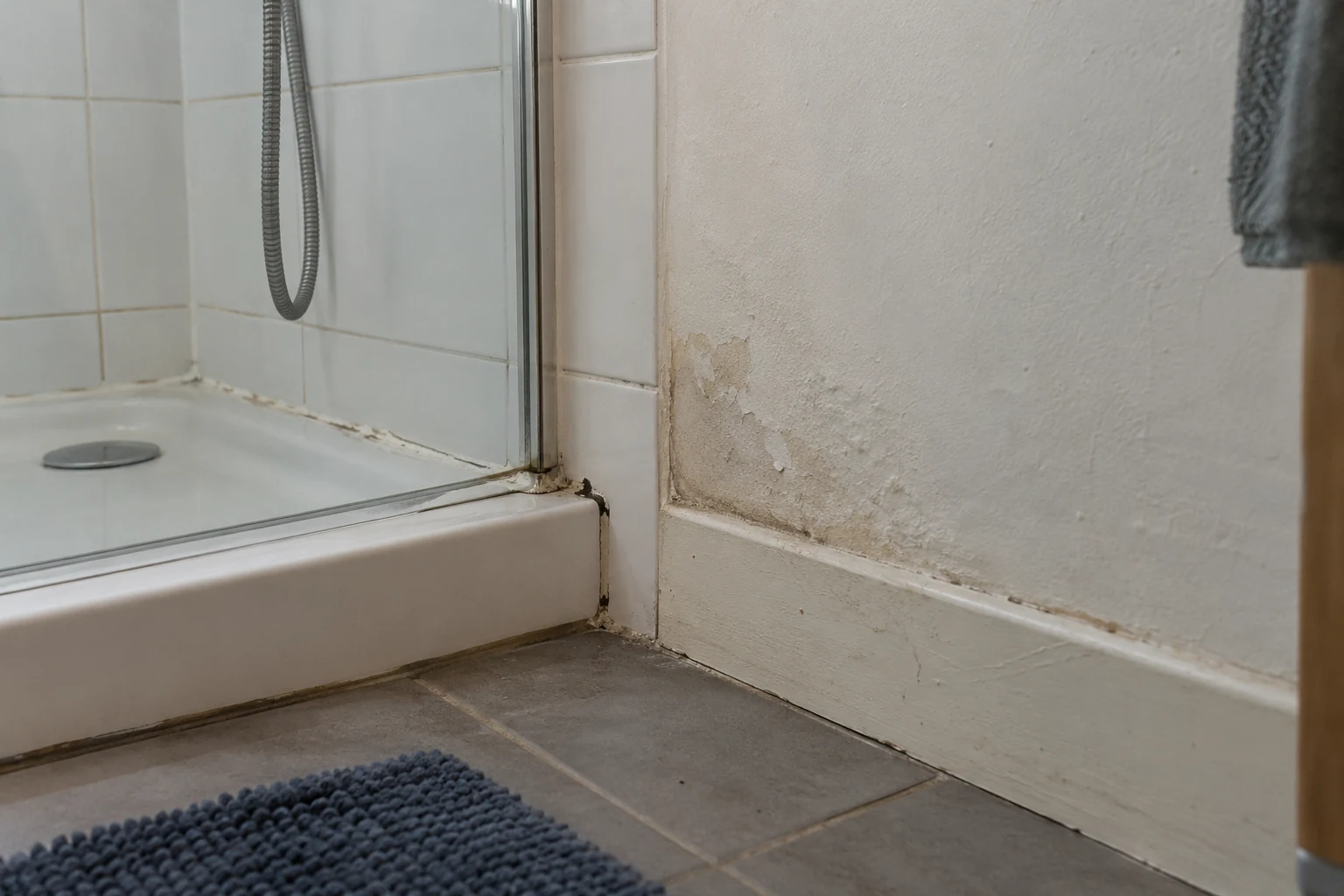 Joint de douche abîmé et humidité au pied d’une cloison